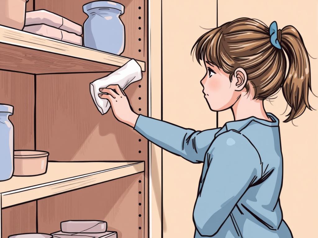 The girl is dusting the shelf.фото